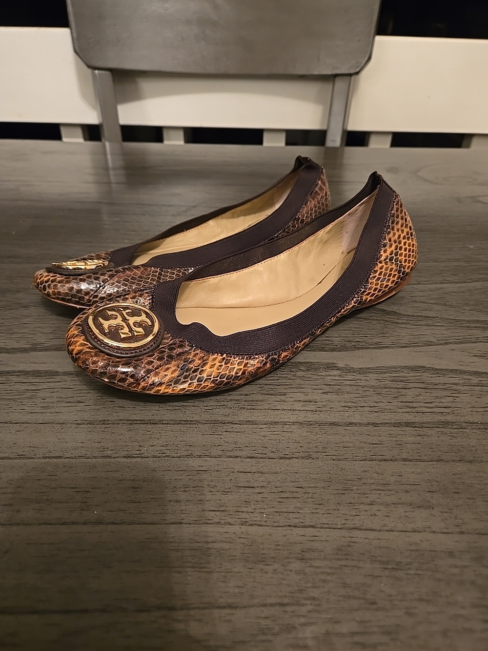Tory Burch Snake-Print Reva Ballet Flats in Brown and Black with Gold Logo